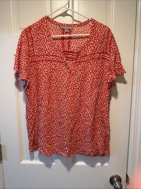 Daniel Rainn Red Heart-Print V-Neck Blouse with Flutter Sleeves